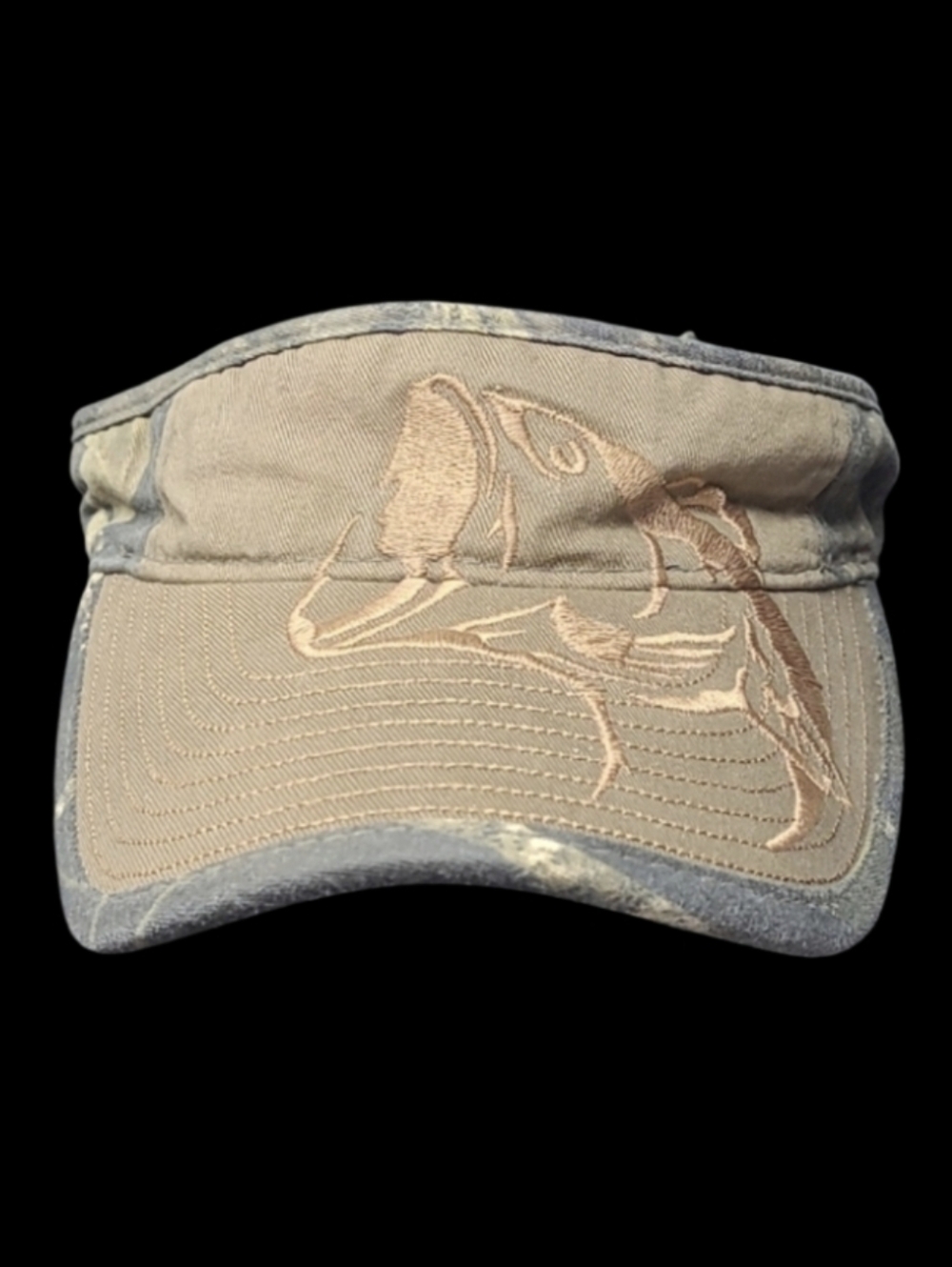CAMO FISHING VISOR WITH EMBROIDERED FISH ON FRONT OF CAP BY OUTDOOR CAP